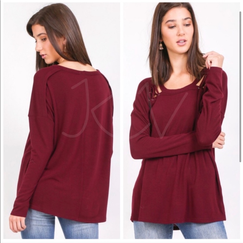 NWT Love Riche burgundy criss cross shoulder top - Picture 1 of 6